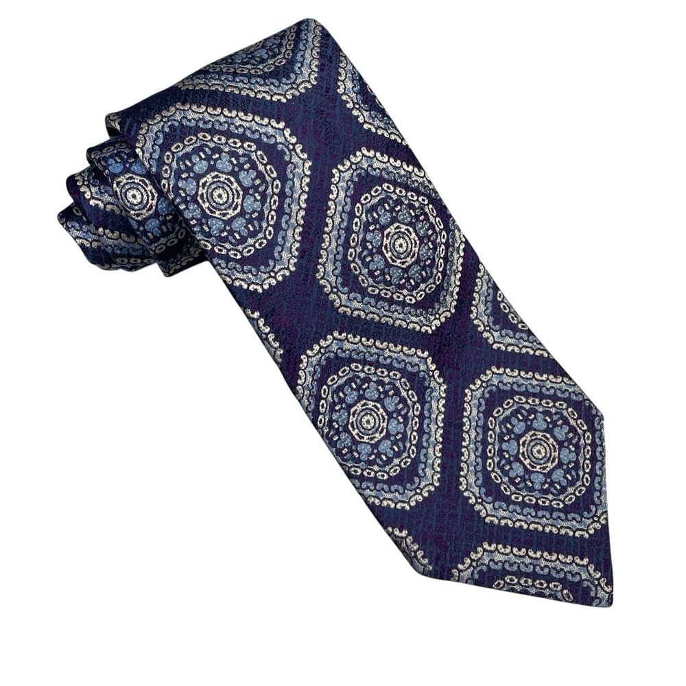 Polo Ralph Lauren Men's Vtg Wide Tie Blue Geometric Jacquard Silk 4 3/8" x 57.5"